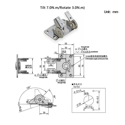 Stainless steel dual-axis adjustable torque hinge; front view with tilt/rotate and dimension diagram.