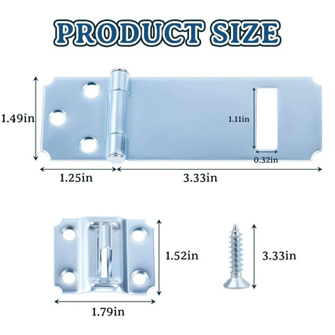 Six Pack Door Hasp And Latch Locks Set Three And One Half Inch Extra Thick Steel Hasp with product dimensions displayed