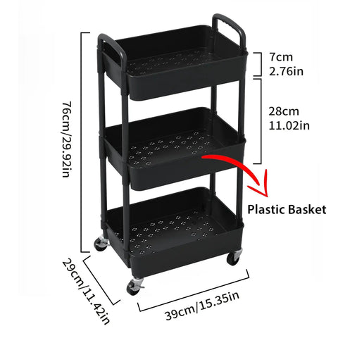 3 Tier Plastic Rolling Utility Cart With Handle For Office Kitchen And Living Room, black trolley on wheels, dimensions labeled
