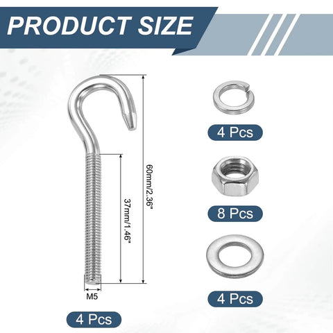 Stainless Steel M5 Lifting Shoulder Eye Bolts Set 4 Pack With Double Nuts Flat Washers And Spring Washers 60mm Length diagram