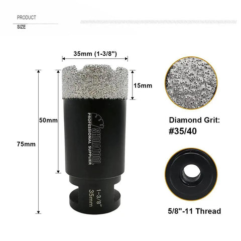 Diamond Core Drill Bit For Porcelain Ceramic Tile Marble And Stone Vacuum Brazed One And Three Eighths Inch 35mm With Five Eighths Inch Arbor For Angle Grinder Dry And Wet Drilling shown with dimensions and details.