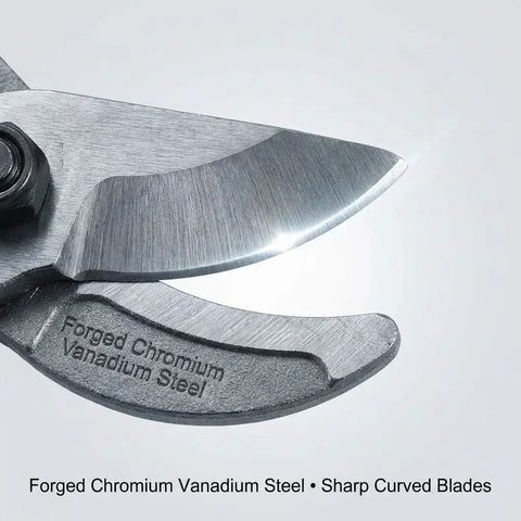 Close-up of Heavy Duty 14 Inch Wire Cutter For 40 Gauge Cables With Forged Steel Blades, showcasing sharp curved blades and material.
