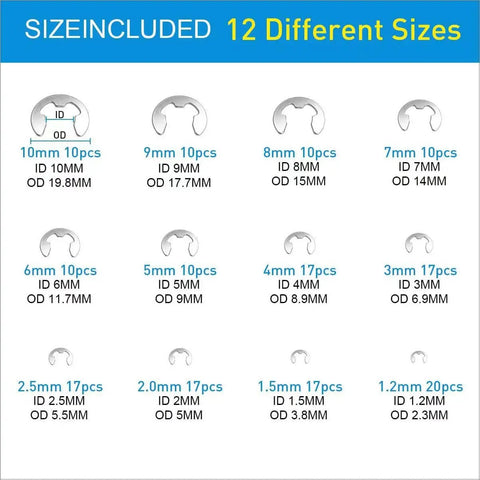 327Pcs E Clips Circlip Retaining Rings Kit With 24 Sizes From 1.2mm To 10mm Includes External C Clips Snap Rings 304 Stainless Steel External Retaining Rings Heavy Duty Tool Set For Machinery Automotive DIY showing size chart for 12 size options from 1.2mm to 10mm