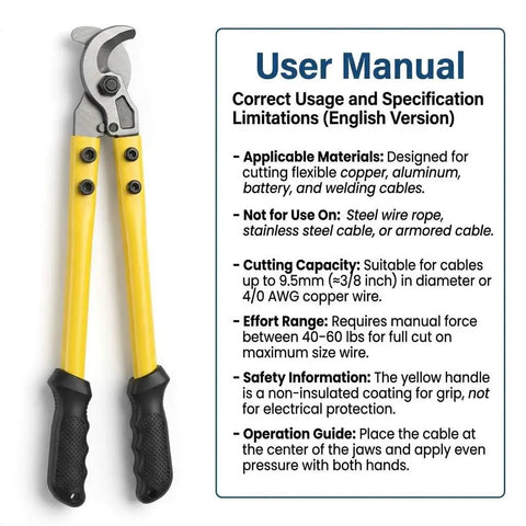 User manual for Heavy Duty 14 Inch Wire Cutter For 40 Gauge Cables With Forged Steel Blades showing specifications and safety information.
