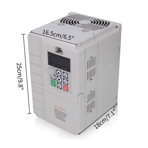 Single Phase 220V Input To 3 Phase 380V Output VFD Inverter For 7.5KW 45A, front view with dimensions shown.