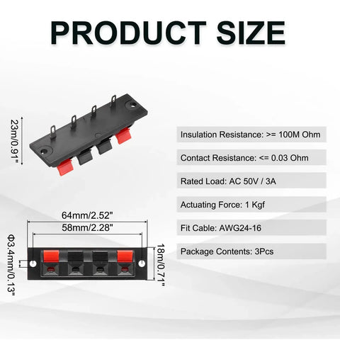 Four Way Spring Terminal Clip Push Release Connector Plate For Speaker Jacks And Diy Audio Upgrades Terminal Strip Block With Red Black Polarity 64mm Length 58mm Mounting Hole Distance 3.4mm Holes 2 Pack WP4 7, showing dimensions and specifications.