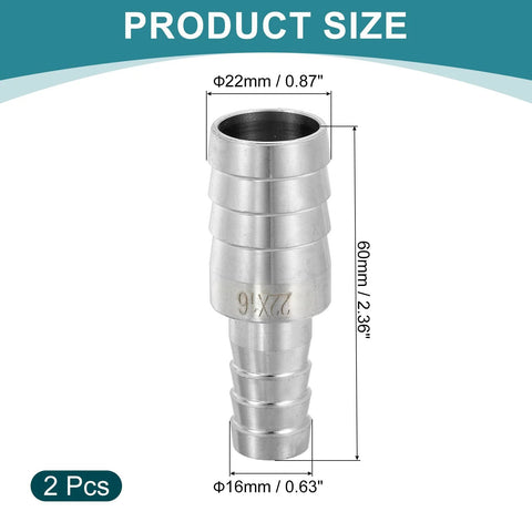 uxcell hose barb reducer fitting, 7/8 to 5/8 inch, 304 stainless steel, two pieces, silver