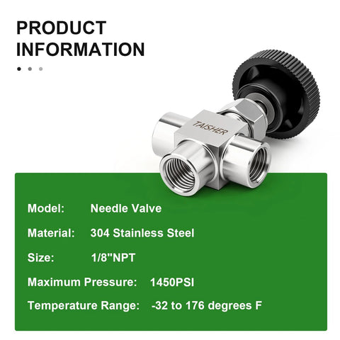 Needle valve, 3-way tee, 304 stainless steel, 1/8 NPT female, for flow control water gas oil