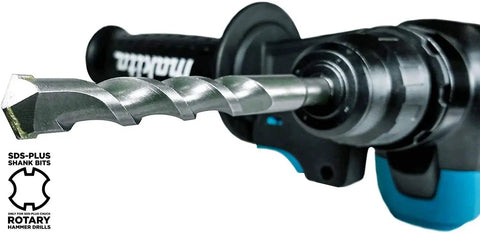 Close-up of Makita SDS-Plus carbide bit attached to rotary hammer for aggressive concrete drilling with a 5 piece SDS Plus bit set.
