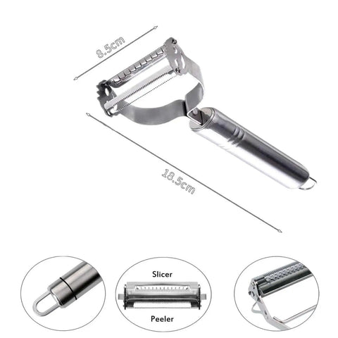 2 Pack Crinkle Cutter And 2 In 1 Vegetable Peeler Set With Stainless Steel Blades showing dimensions and blade details