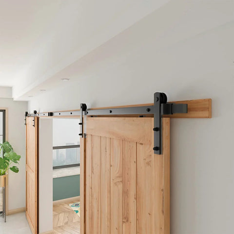 Heavy Duty Double Sliding Barn Door Hardware Kit, 15 Ft Track System With Quiet Nylon Rollers installed on wooden doors