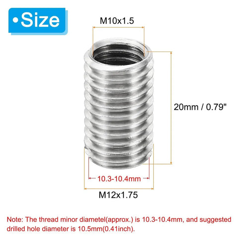 Front view of stainless steel thread adapter sleeve, M12x1.75 male to M10x1.5 female, 20 mm length, 10 pcs