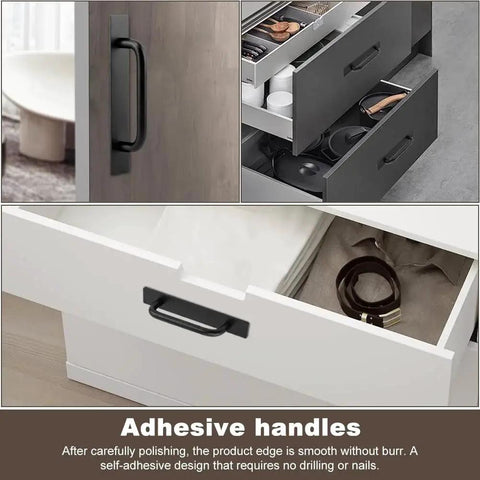 Adhesive Cabinet Handles 5.83 Inch 2 Pack Push Pull No Drill Installation on kitchen and bathroom drawers, matte black finish.