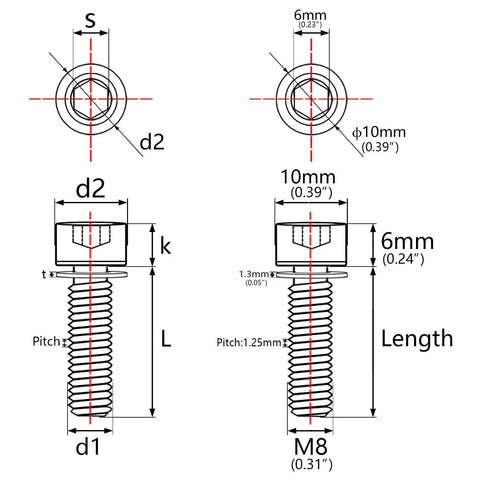 Technical diagram of BMX Titanium Bolt M8x25mm with 10mm head, 6mm height, 1.25mm thread pitch, showing dimensions and specifications.