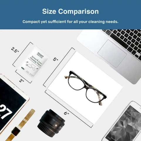 Size comparison featuring Clear Guard Anti Fog Lens Wipes For Glasses And Lenses 100 Pre Moistened, glasses, and tech devices.