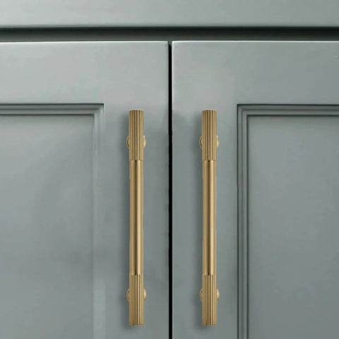 2 Pack 4 Inch Solid Zinc Alloy Kitchen Cabinet Handles In Brushed Gold Satin Brass Finish Heavy Duty Cabinet Pulls installed on doors
