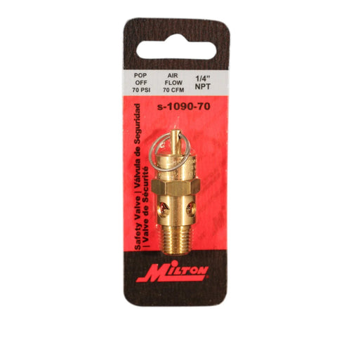 Front view of Milton S-1090-70 safety valve, 1/4 in MNPT, 70 psi pop-off, brass body on red/black card.