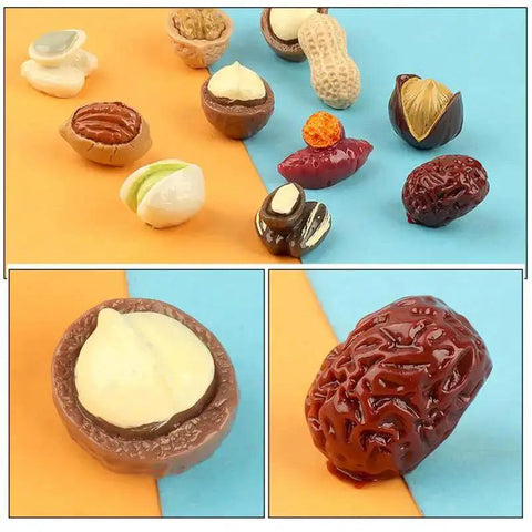 15-Piece Realistic Miniature Nut Set For Dollhouses, Resin Nuts Including Walnut, Peanut And Pistachio, on colorful background