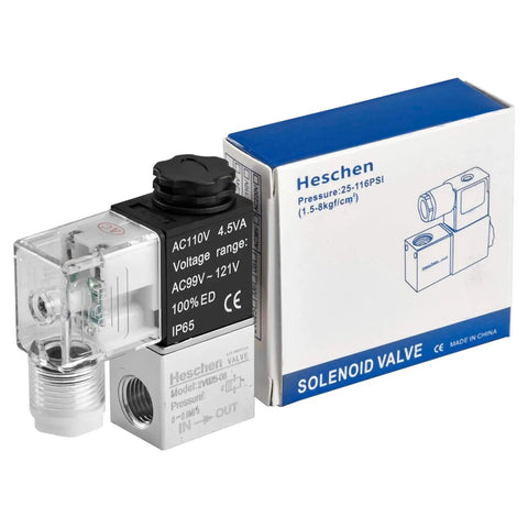Electrical Pneumatic Solenoid Valve 2V025-08, 110VAC, PT1/4 Port, boxed with technical specifications visible