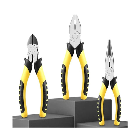 6 Inch Multi Function Pliers With Wire Cutter Diagonal Cutting Crimping in yellow and black, front and side views