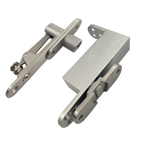 Hidden Self Closing Pivot Door Hinges With 360 Degree Swing Stainless Steel Concealed Door Hardware for wood doors, shown in parts