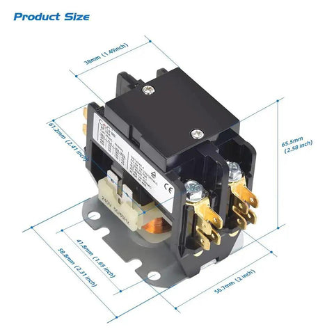 Diagram showing dimensions of Two Pole 30 Amp 24 Volt HVAC Contactor for Condenser and Compressor, durable flame retardant housing.