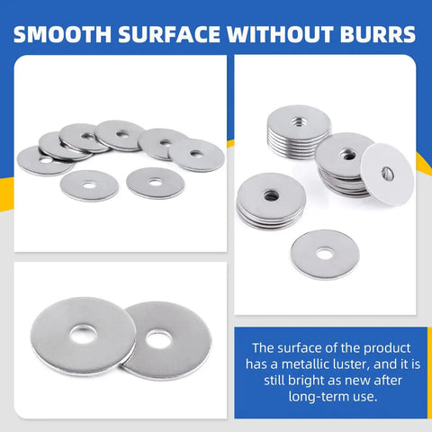 100 Pack M3 x 15mm Large Fender Washers in 304 Stainless Steel arranged in stacks and spread, smooth surface