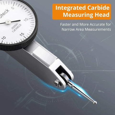 Close-up of Dial Test Indicator with carbide measuring head, 0.0005 inch accuracy, Neoteck for precision machine setup in tight spaces.