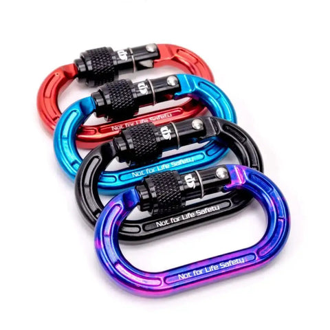 Colorful aluminum carabiners in red, blue, black, and purple with screw-lok design, marked 'Not for Life Safety' for gear mounting.