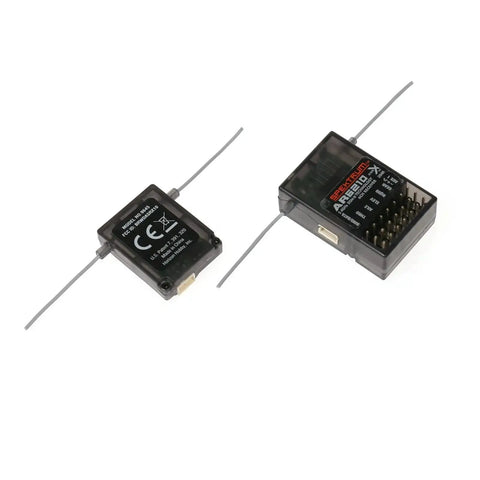 Ar6210X DSMX 6 Channel RC Receiver for JR and Spektrum Transmitters with antennas, front and back view for RC planes and drones.