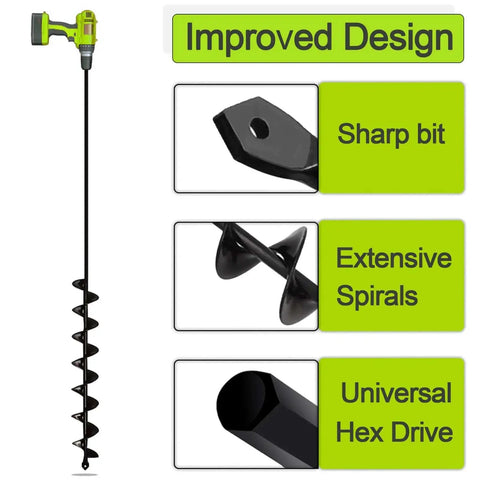32 Inch Long Handle Garden Auger Drill Bit For Planting Workhorse With Three Eighth Inch Hex Drive Easy Planter