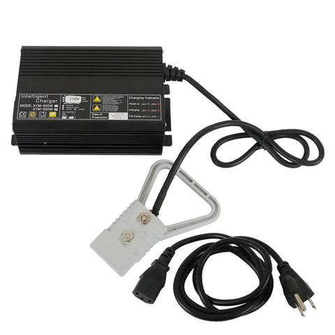 24V 15A Floor Scrubber And Pallet Jack Battery Charger With SB175 Red Connector Delivers Fast 15 Amp Charge Replacement For Tennant T3 T5 T7 T300 Industrial Floor Care Equipment, showing black charger unit with cables and connectors.