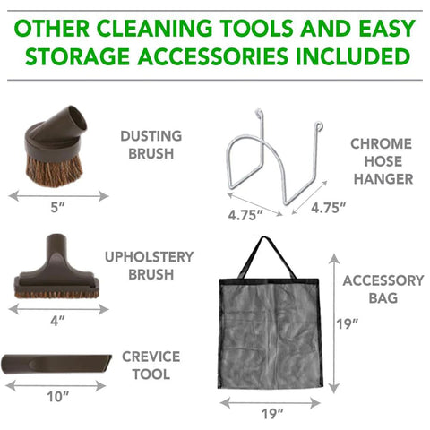 OVO Central Vacuum Deluxe Plus Kit: dusting brush, upholstery brush, crevice tool, hose hanger, accessory bag