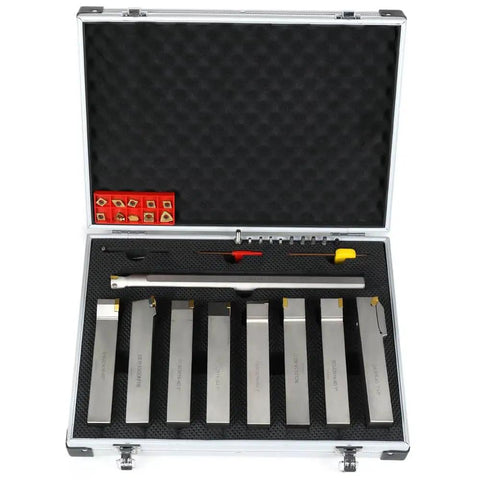 Open case showing Beefed Up 1 Inch Shank Heavy Duty Indexable Carbide Lathe Tool Holder Set With Boring Bar 9 Pieces CNC Nickel Plated Insert Holders