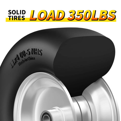 Flat Free 11x4.00-5 Lawn Mower Tire And Wheel Set For Zero Turn Mowers, solid polyurethane, side view showing load capacity.