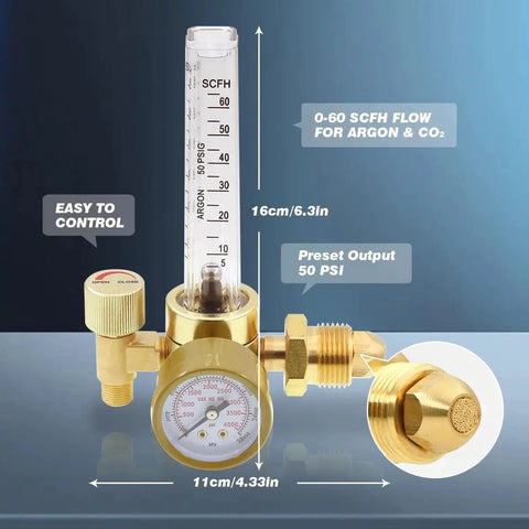 MIG TIG Gas Flow Meter Regulator CGA580 0-60 CFH Square Flow Gauge for Argon and CO2 Welding with measurement labels