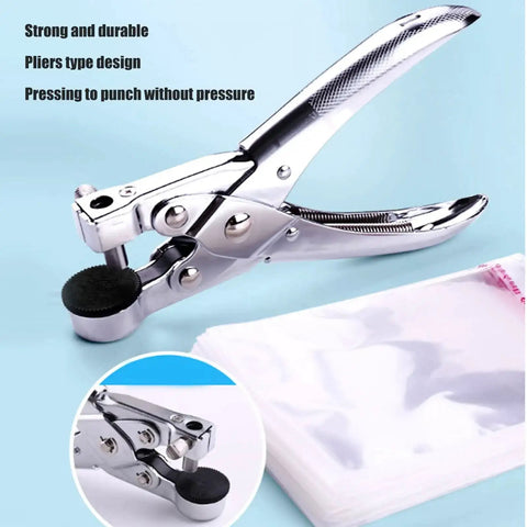 7mm Single Hole Punch For Paper Plastic Bags OPP PVC Bags Photos Cardboard, shown with sturdy metal pliers design.