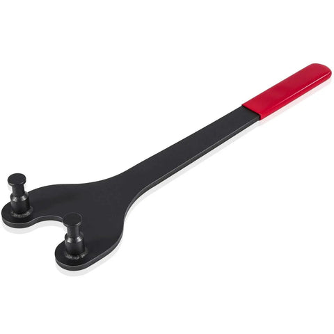 E-cowlboy cam pulley holder tool, angled side view; black metal body with red plastic handle and two pins