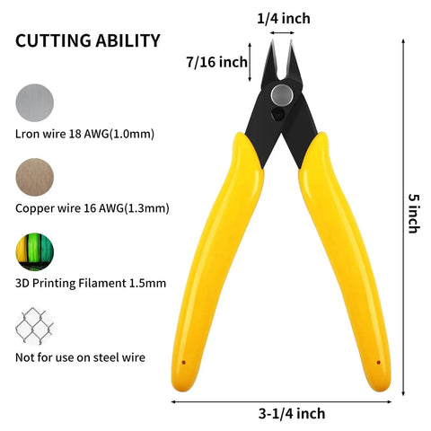 Five Pack Micro Flush Cutters With Internal Spring For Electronics Diagonal Wire Cutters 5 inch, yellow handles, cutting guide.