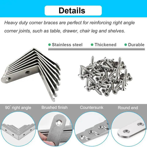 8 Pack L Bracket Corner Braces 2 Inch Stainless Steel Heavy Duty Shelf Bracket with screws and features highlighted