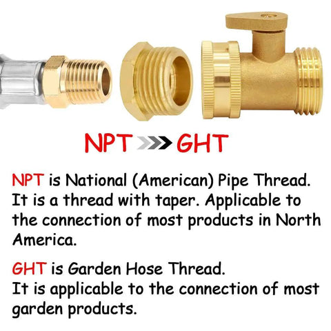 Brass Garden Hose Reducer Adapter 3/4 GHT Male to 3/8 NPT Female, showing thread types NPT and GHT for irrigation and plumbing use.