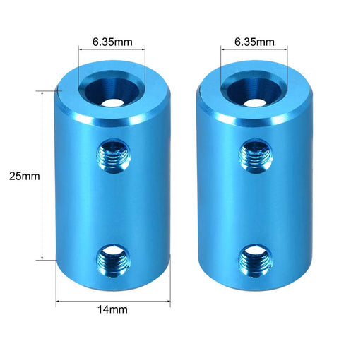 Two blue aluminum alloy rigid shaft couplings with 1/4 inch bores and side set screws, 14mm dia x 25mm tall.