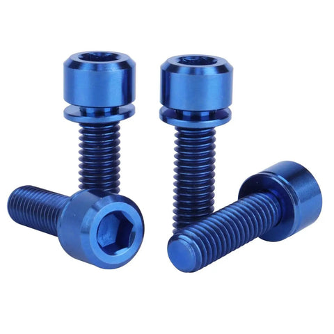 Blue titanium bolt M6x20mm Allen hex pillar head for bicycle, pack of 4. Lightweight high-strength fasteners for mountain and road bikes.