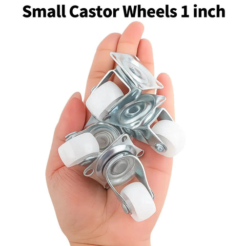 Person holding 1 Inch Swivel Caster Wheels With Rubber Base For Furniture Trolleys And Projects, metal base, white wheels