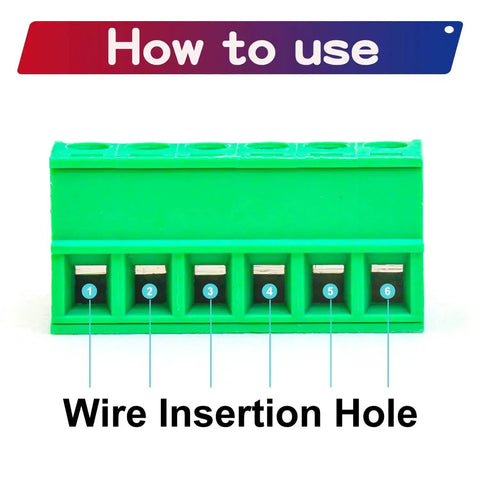 Front view of 3.5mm Pitch Phoenix PCB Screw Terminal Block Connector Pack of 5, showing wire insertion holes numbered 1 to 6.