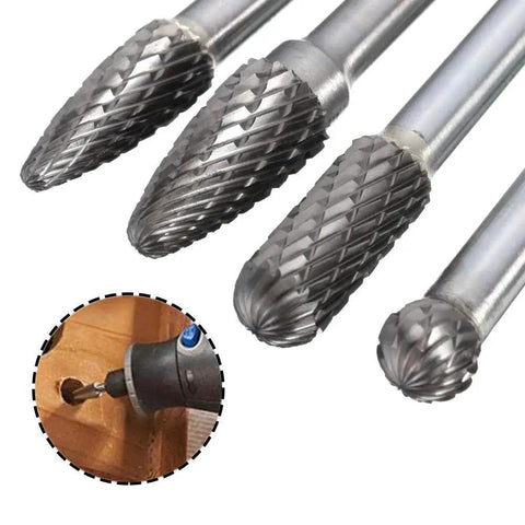 Heavy Duty Tungsten Carbide Rotary Burr Set, 4 Pieces, 6 Mm Shank, Cutting Edge Diameter 7 Mm To 10 Mm, for DIY woodworking