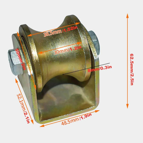 U Groove Rigid Track Wheel With Bracket For Sliding Gates And Barn Doors showing dimensions in millimeters and inches