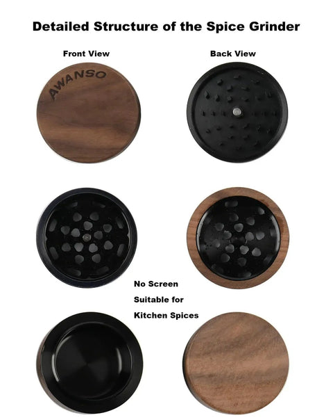 Front and back views of Walnut Wood 2.5 Inch 3 Piece Spice Grinder With Aluminum Chamber Magnetic Lid Raised Storage Base