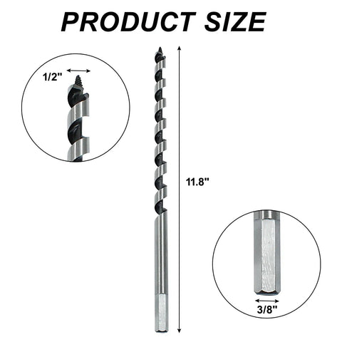 Twelve Inch Wood Auger Drill Bit With One Half Inch Diameter And Three Eighths Inch Hex Shank Self Feeding Ship Auger For Hardwood Softwood And Composite Materials Durable High Carbon Steel For Fast Drilling And Clean Holes shown with size dimensions