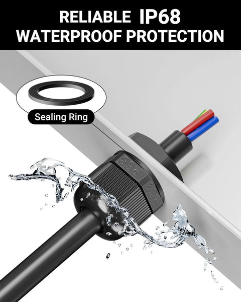 All In One IP68 Nylon Cable Gland Kit With 50 Waterproof Cord Grips Pro Grade Versatility For PG7 PG9 PG11 PG13.5 PG16 Wire Entry Grommets For Panels, Lighting And Industrial Wiring, Durable Strain Relief Black installed through panel with sealing ring.